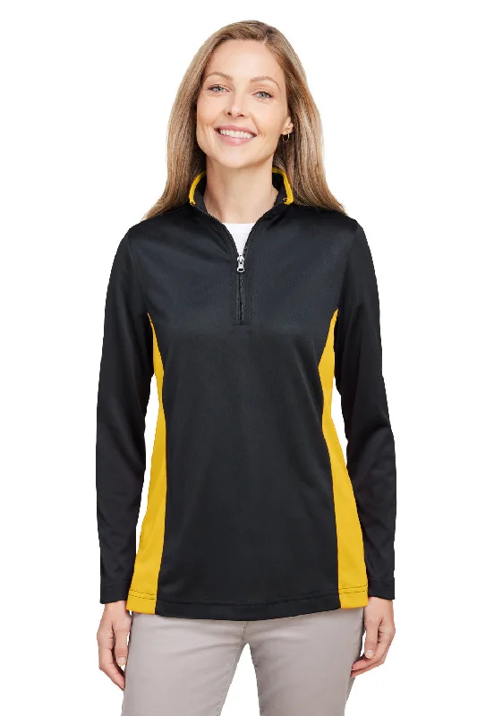 Harriton Womens Flash Performance Moisture Wicking Colorblock 1/4 Zip Sweatshirt - Black/Sunray Yellow Hoodie with Half-Zip Sporty Casual