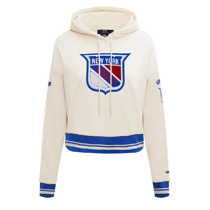 NHL NEW YORK RANGERS RETRO CLASSIC WOMEN'S RIB CROPPED PO HOODIE (EGGSHELL/ROYAL BLUE) Hoodie with Hem Detail Decorative Unique