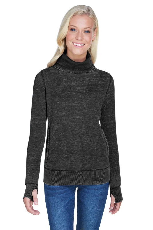 J America Womens Zen Burnout Fleece Cowl Neck Sweatshirt w/ Pockets - Twisted Black Hoodie with Tied Waist Feminine Flattering