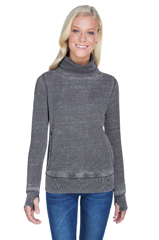 J America Womens Zen Burnout Fleece Cowl Neck Sweatshirt w/ Pockets - Dark Smoke Grey Hoodie with Hem Embroidery Detailed Premium