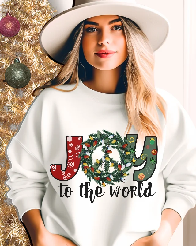 Joy To the World Women's Crewneck Sweatshirt Peace Sign Wreath with Doodle Letters Hoodie with Hem Frayed Vintage Worn