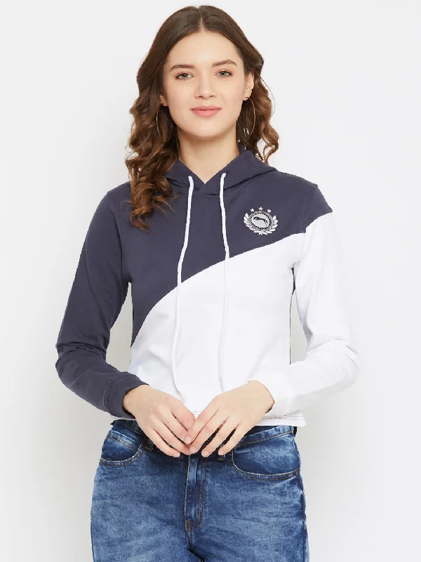 JUMP USA Women White Cotton Hooded Sweatshirt Hoodie with Color Block Contrast Stylish JUMP USA Women White Cotton Hooded Sweatshirt Hoodie with Color Block Contrast Stylish