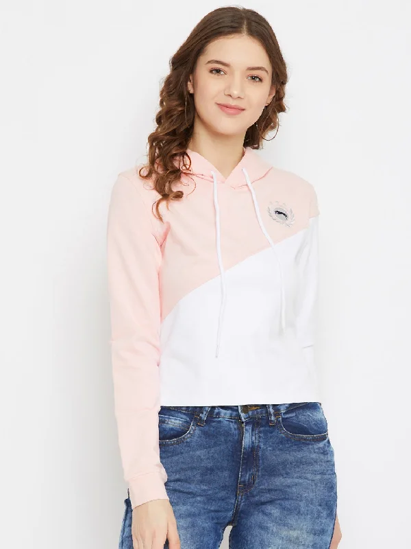 JUMP USA Women White Cotton Hooded Sweatshirt Hoodie with Applique Textured Unique