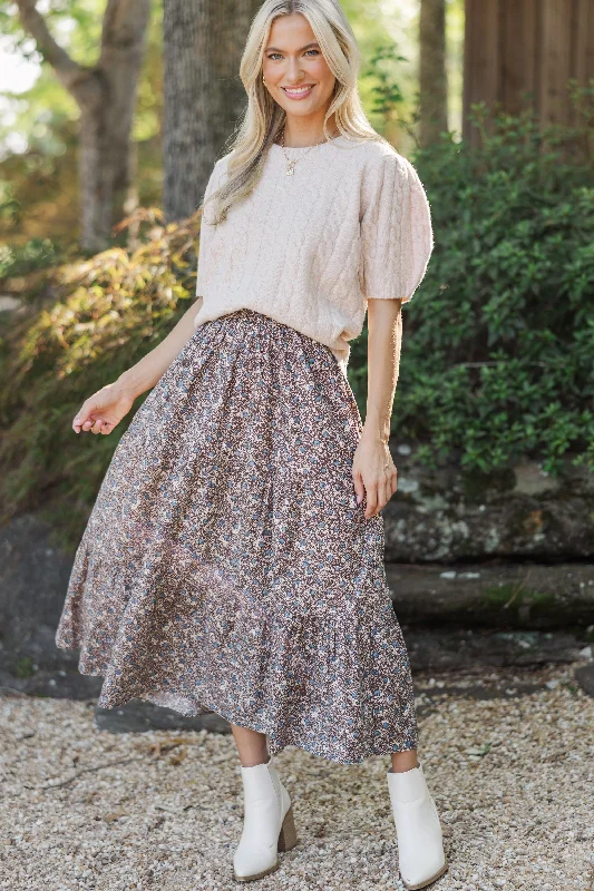 Just One Chance Brown Ditsy Floral Midi Skirt lace skirt romantic
