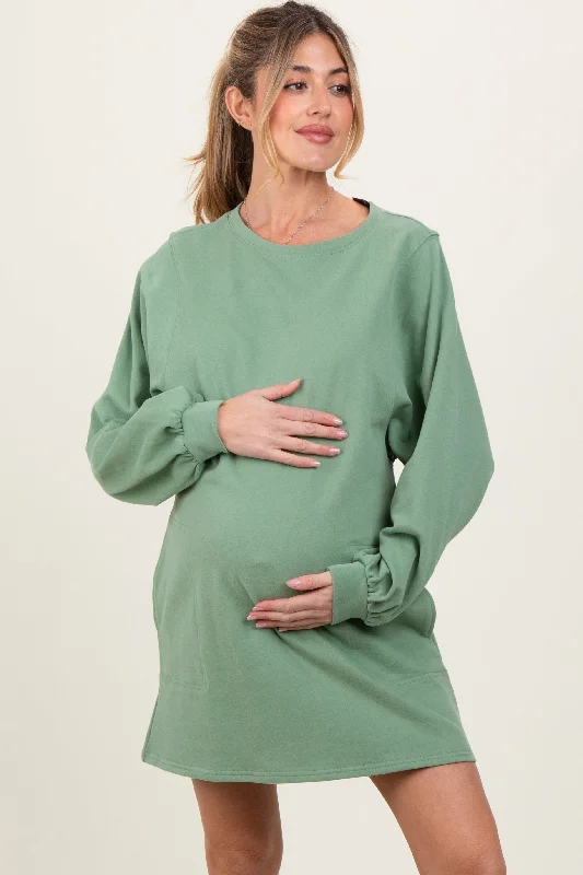 Light Olive Ultra Soft Maternity Sweatshirt Dress Hoodie with Mock Neck Collared Structured