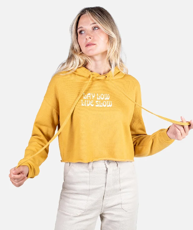 Live Slow Cropped Hoodie - Mustard Hoodie with Hidden Zipper Minimalist Clean