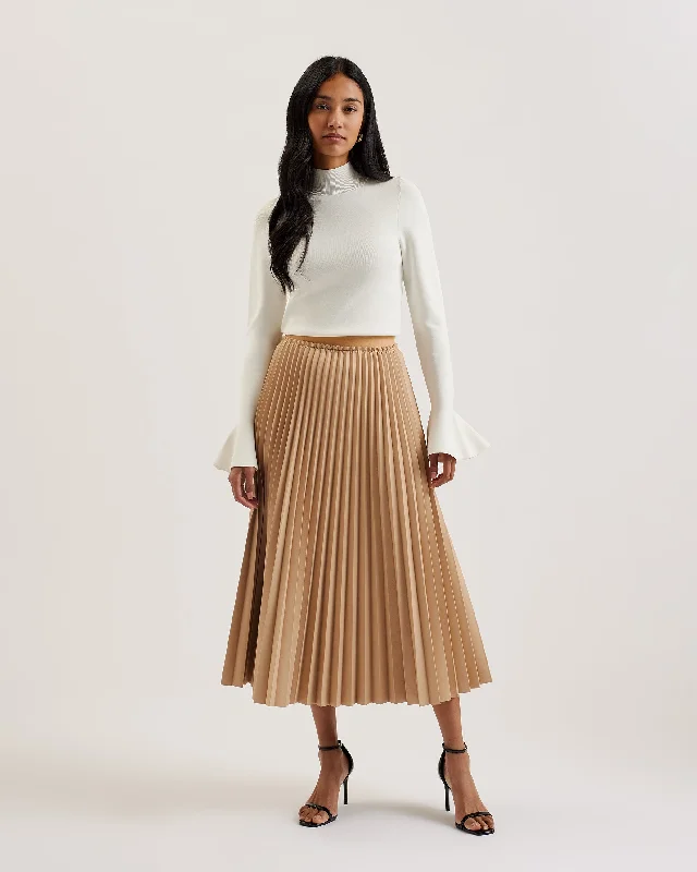 Liydah Faux Leather Pleated Skirt Camel chiffon skirt airy