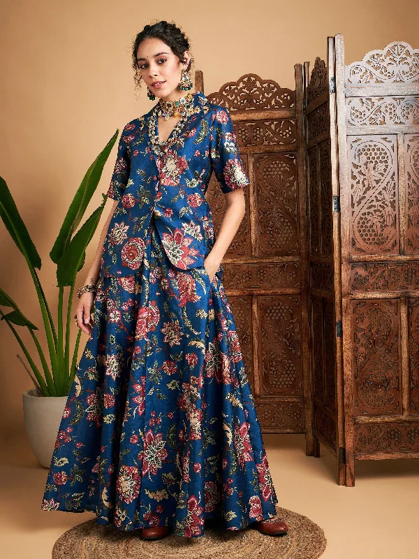 Lyush Women Blue Floral Anarkali Skirt With Blazer lace skirt romantic