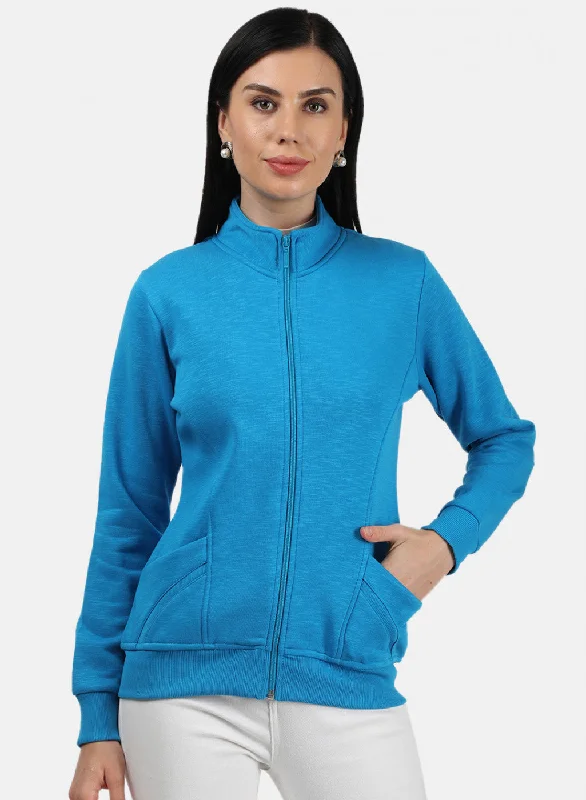 Women Blue Plain Sweatshirt Zip Hoodie Drawstring Kangaroo Pocket