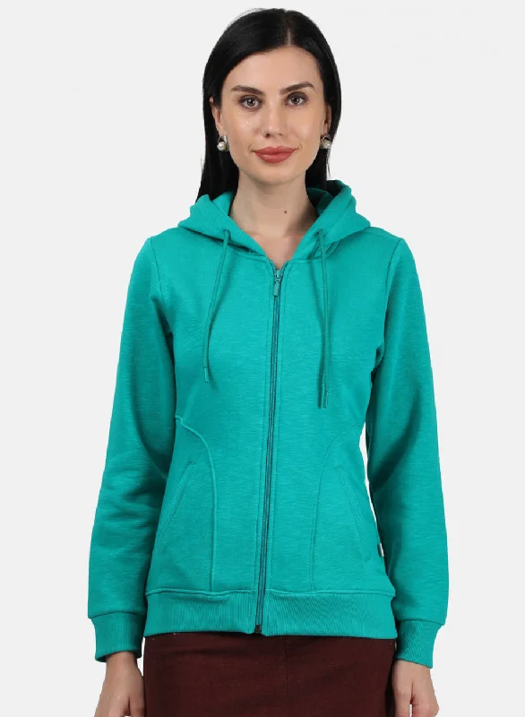 Women Green Plain Sweatshirt Hoodie with Stripes Bold Sporty