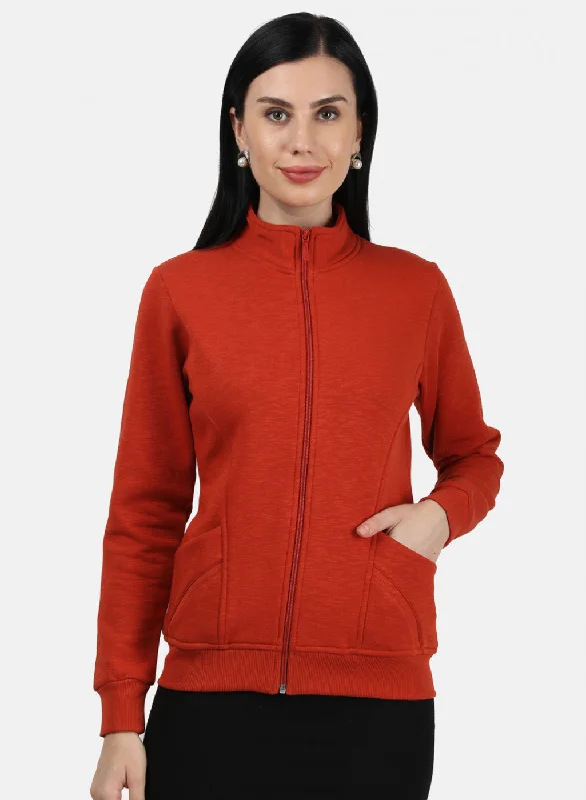 Women Orange Plain Sweatshirt Hoodie with Ribbed Cuffs Snug Fit Comfort