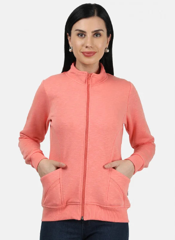 Women Peach Plain Sweatshirt Hoodie with Exposed Zipper Edgy Industrial