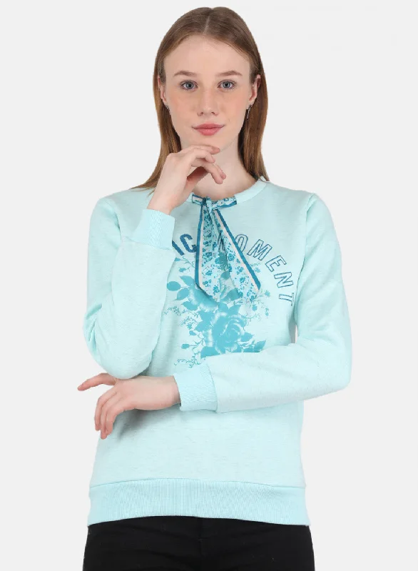 Women Aqua Blue Printed Sweatshirt Hoodie with Hem Elastic Stretchable Comfortable