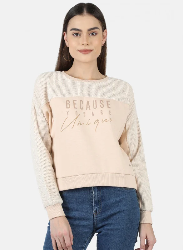 Women Beige Embroidered Sweatshirt Hoodie with Earth Tones Natural Calm