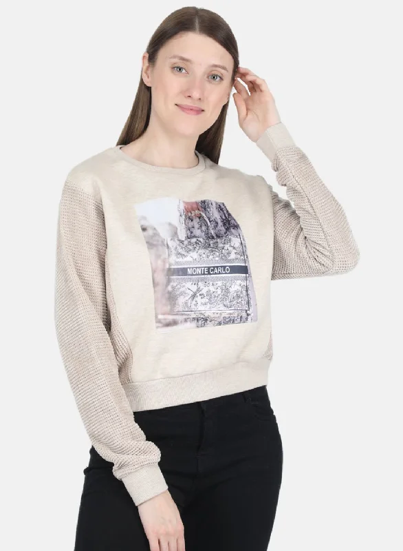 Women Beige Printed Sweatshirt Hoodie with Bell Sleeves Flared Feminine