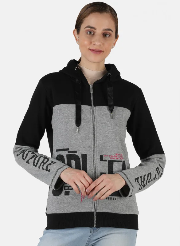 Women Black Printed Sweatshirt Hoodie with Pastel Soft Subtle