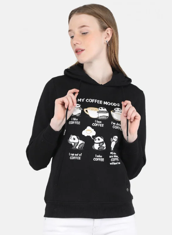 Women Black Printed Sweatshirt Hoodie with Contrast Stitching Detailed Premium