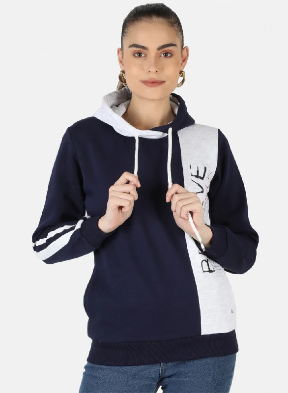 Women Blue Printed Sweatshirt Hoodie with Ribbed Hem Stretchable Secure