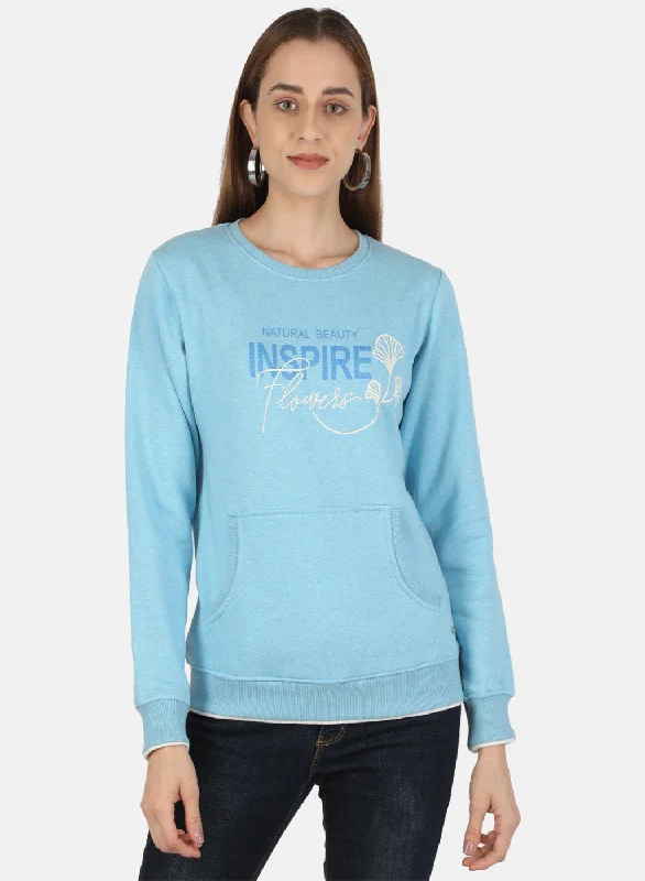 Women Blue Printed Sweatshirt Hoodie with Hem Detail Decorative Unique