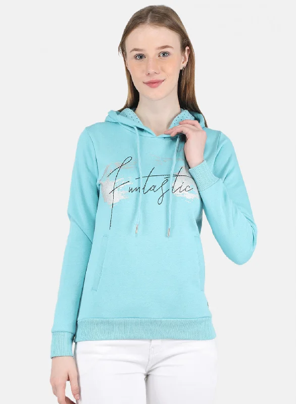 Women Blue Printed Sweatshirt Hoodie with Zipper Placket Modern Functional