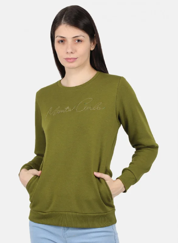 Women Green Embroidered Sweatshirt Hoodie with Magnetic Closure Innovative Modern