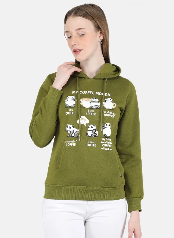 Women Green Printed Sweatshirt Hoodie with Drawcord Adjustable Secure