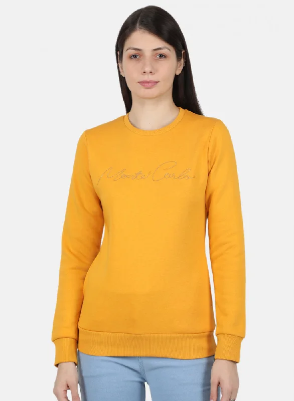 Women Mustard Embroidered Sweatshirt Hoodie with Slim Fit Tailored Modern