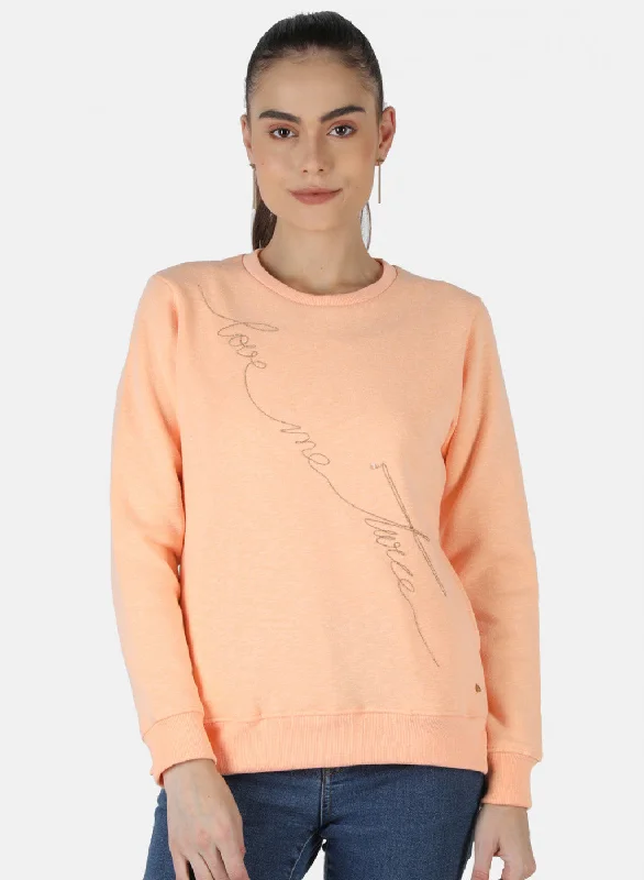 Women Peach Embroidered Sweatshirt Hoodie with Emblem Brand Identity