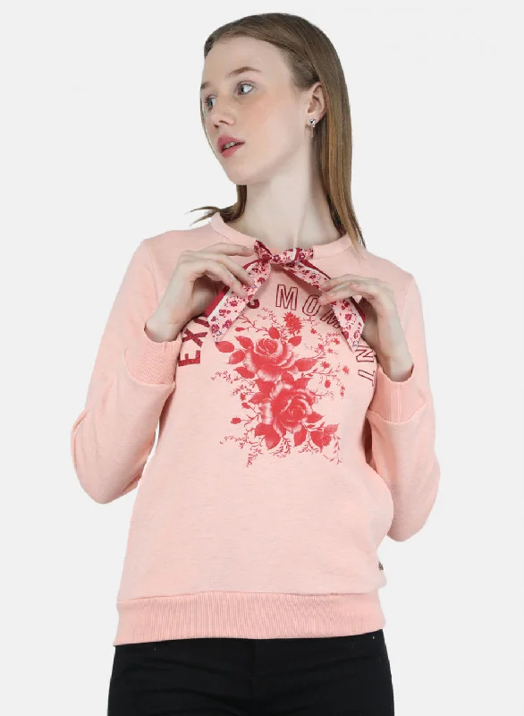 Women Peach Printed Sweatshirt Hoodie with Embroidery Detailed Premium