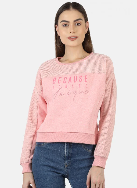 Women Pink Embroidered Sweatshirt Hoodie with Set-In Sleeves Structured Classic