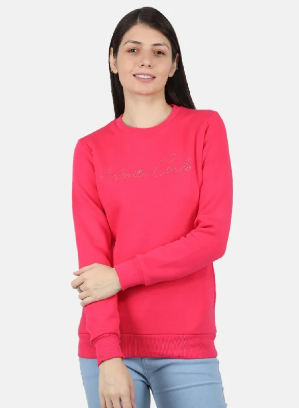 Women Pink Embroidered Sweatshirt Hoodie with Ribbed Neckline Snug Warm