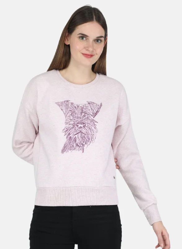 Women Purple Printed Sweatshirt Hoodie with Hem Detail Decorative Unique