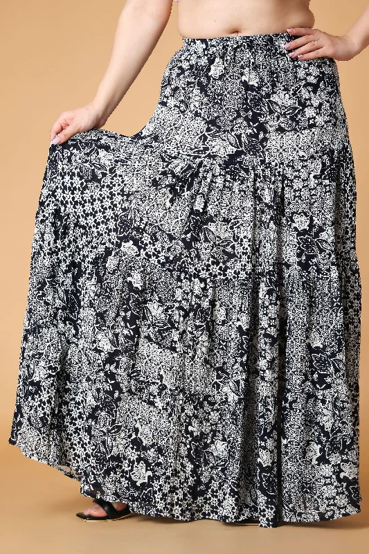 Navy Blue & White Multi Abstract Printed Skirt chiffon skirt lightweight