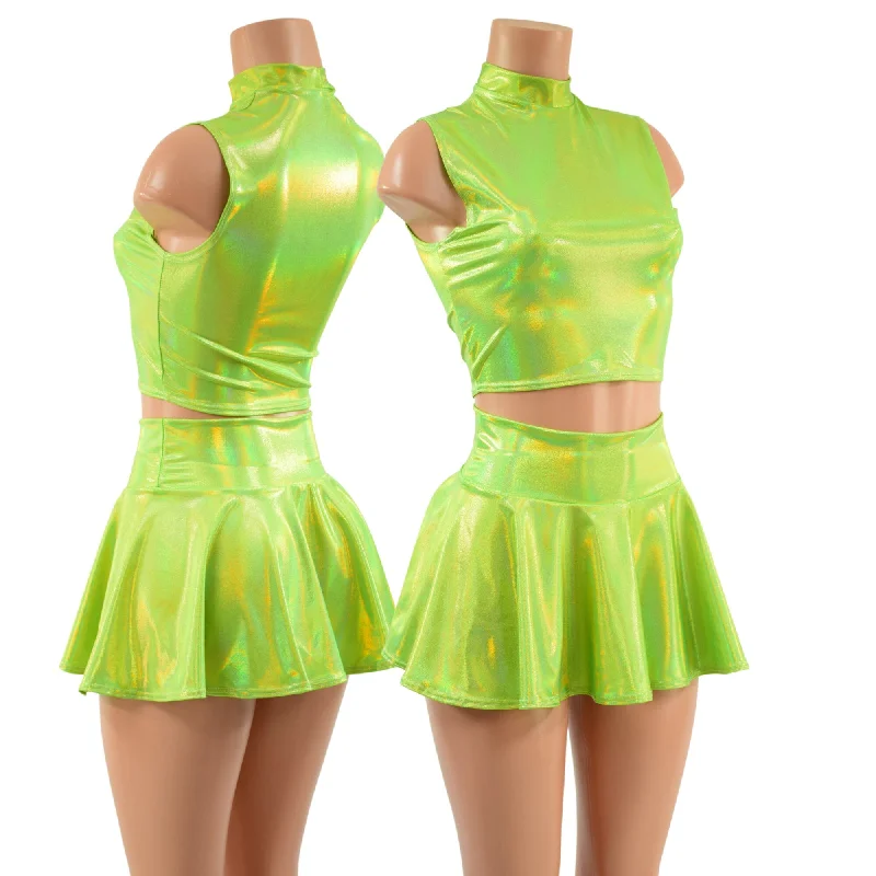 Neon Lime Holographic Crop Top & Circle Cut Skirt Set leather skirt refined