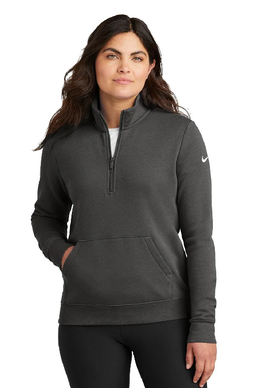 Nike Womens Club Fleece 1/4 Zip Sweatshirt w/ Pouch Pocket - Anthracite Grey - New Hoodie with Tied Waist Feminine Flattering