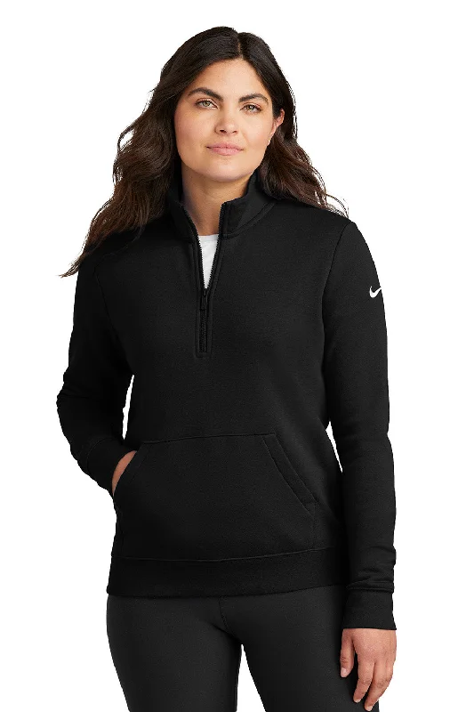 Nike Womens Club Fleece 1/4 Zip Sweatshirt w/ Pouch Pocket - Black - New Hoodie with Hidden Zipper Minimalist Clean