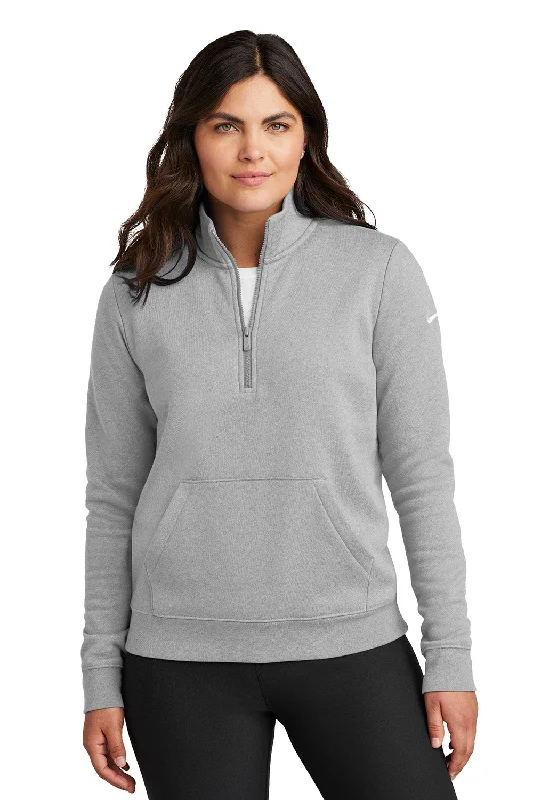 Nike Womens Club Fleece 1/4 Zip Sweatshirt w/ Pouch Pocket - Heather Dark Grey - New Hoodie with Raw Hem Edgy Unfinished