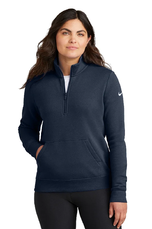 Nike Womens Club Fleece 1/4 Zip Sweatshirt w/ Pouch Pocket - Midnight Navy Blue - New Hoodie with Drawcord Adjustable Secure