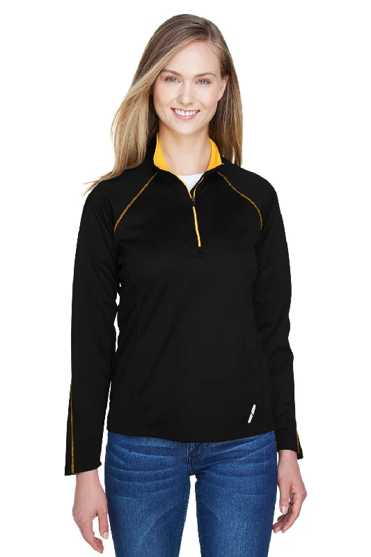 North End Womens Radar Performance Moisture Wicking 1/4 Zip Sweatshirt - Black/Campus Gold - Closeout Hoodie with Pocket Utility Practical