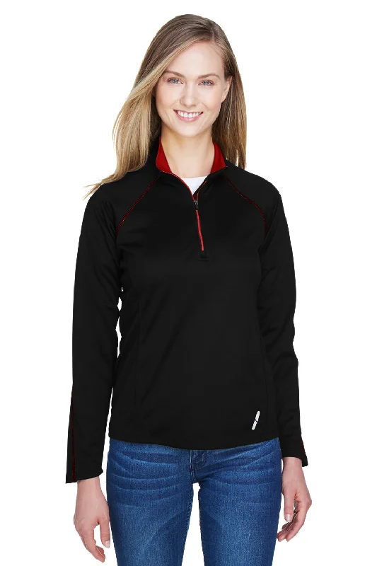 North End Womens Radar Performance Moisture Wicking 1/4 Zip Sweatshirt - Black/Classic Red Hoodie with Hem Frayed Vintage Worn