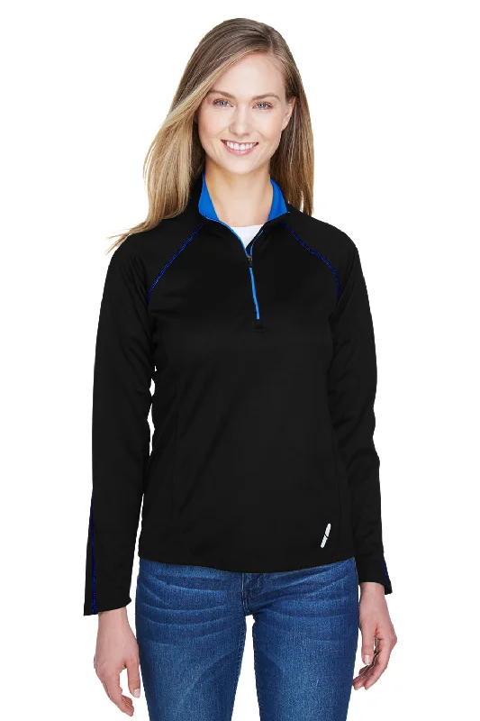 North End Womens Radar Performance Moisture Wicking 1/4 Zip Sweatshirt - Black/True Royal Blue Hoodie with Monochrome Minimalist Simple