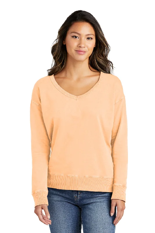 Port & Company Womens Beach Wash Garment Dyed V-Neck Sweatshirt - Peach Hoodie with Slim Fit Tailored Modern