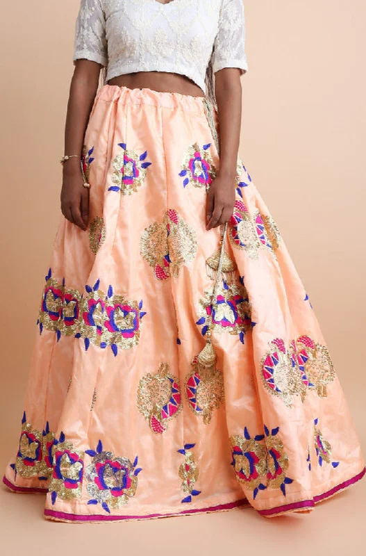 Satin Art Silk Embroidered Skirt In Peach lace skirt intricate