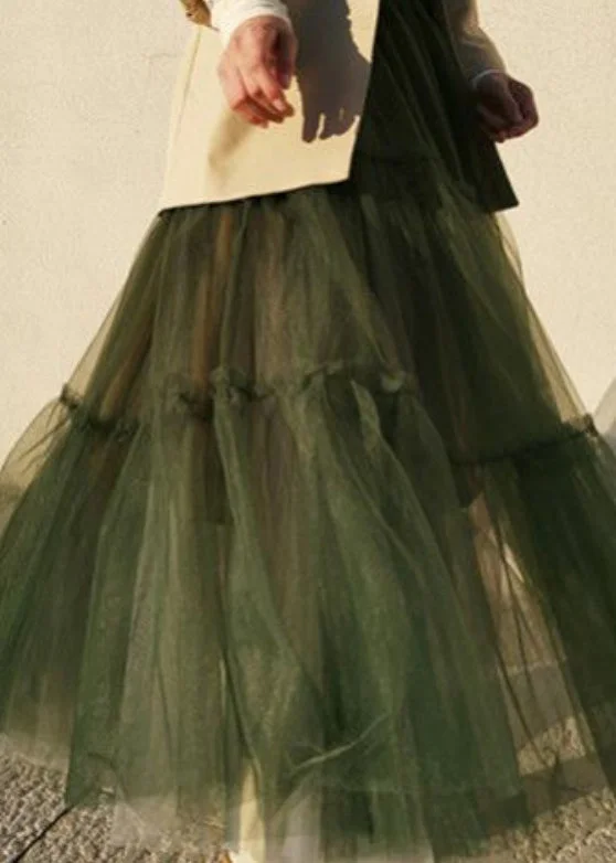 Simple Green Cinched high waist Tulle Skirts Spring leather skirt sleek