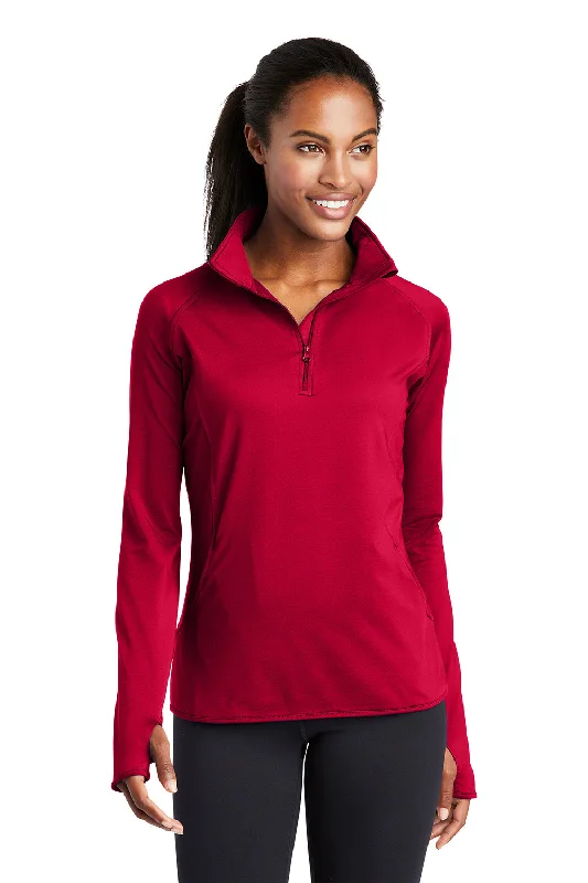 Sport-Tek Womens Sport-Wick Moisture Wicking 1/4 Zip Sweatshirt w/ Pouch Pocket - Deep Red Hoodie with Drawcord Adjustable Secure