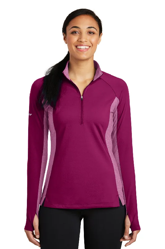 Sport-Tek Womens Sport-Wick Moisture Wicking 1/4 Zip Sweatshirt - Pink Rush/Heather Pink Rush - Closeout Hoodie with Hem Patch Decorative Personalized