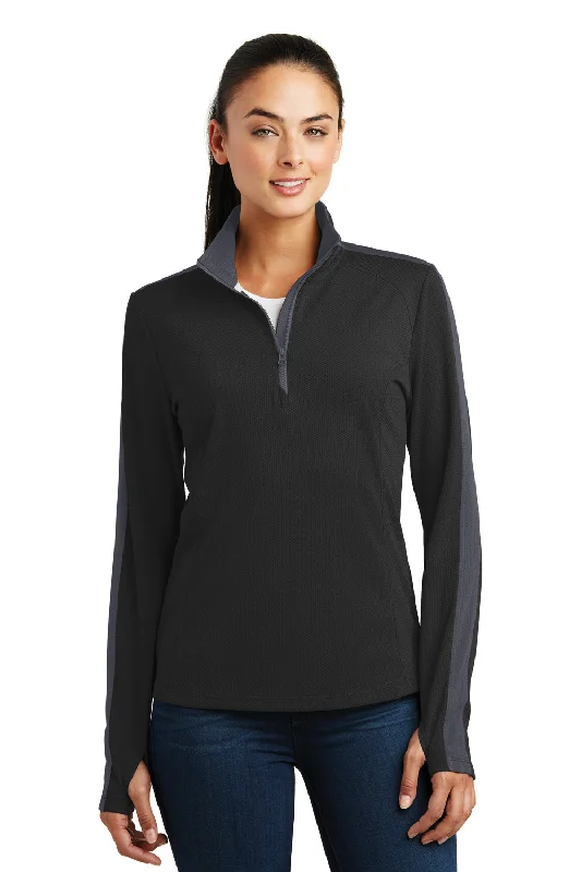 Sport-Tek Womens Sport-Wick Moisture Wicking 1/4 Zip Sweatshirt - Black/Iron Grey - Closeout Hoodie with Longline Fit Extended Stylish