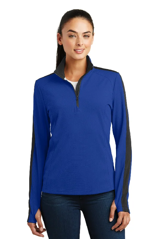 Sport-Tek Womens Sport-Wick Moisture Wicking 1/4 Zip Sweatshirt - True Royal Blue/Black - Closeout Hoodie with Stripes Bold Sporty