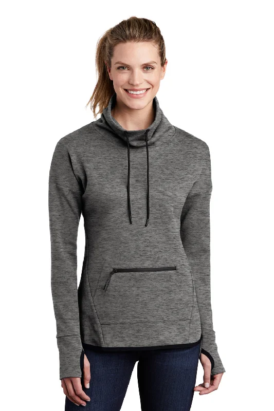 Sport-Tek Womens Triumph Fleece Cowl Neck Sweatshirt w/ Pocket - Heather Dark Grey Hoodie with Hem Patch Decorative Personalized