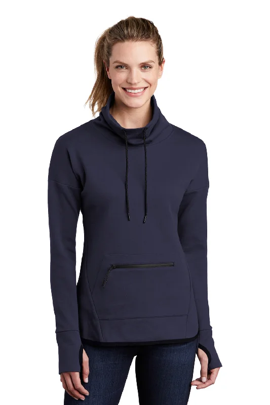 Sport-Tek Womens Triumph Fleece Cowl Neck Sweatshirt w/ Pocket - Navy Blue Hoodie with Slim Fit Tailored Modern